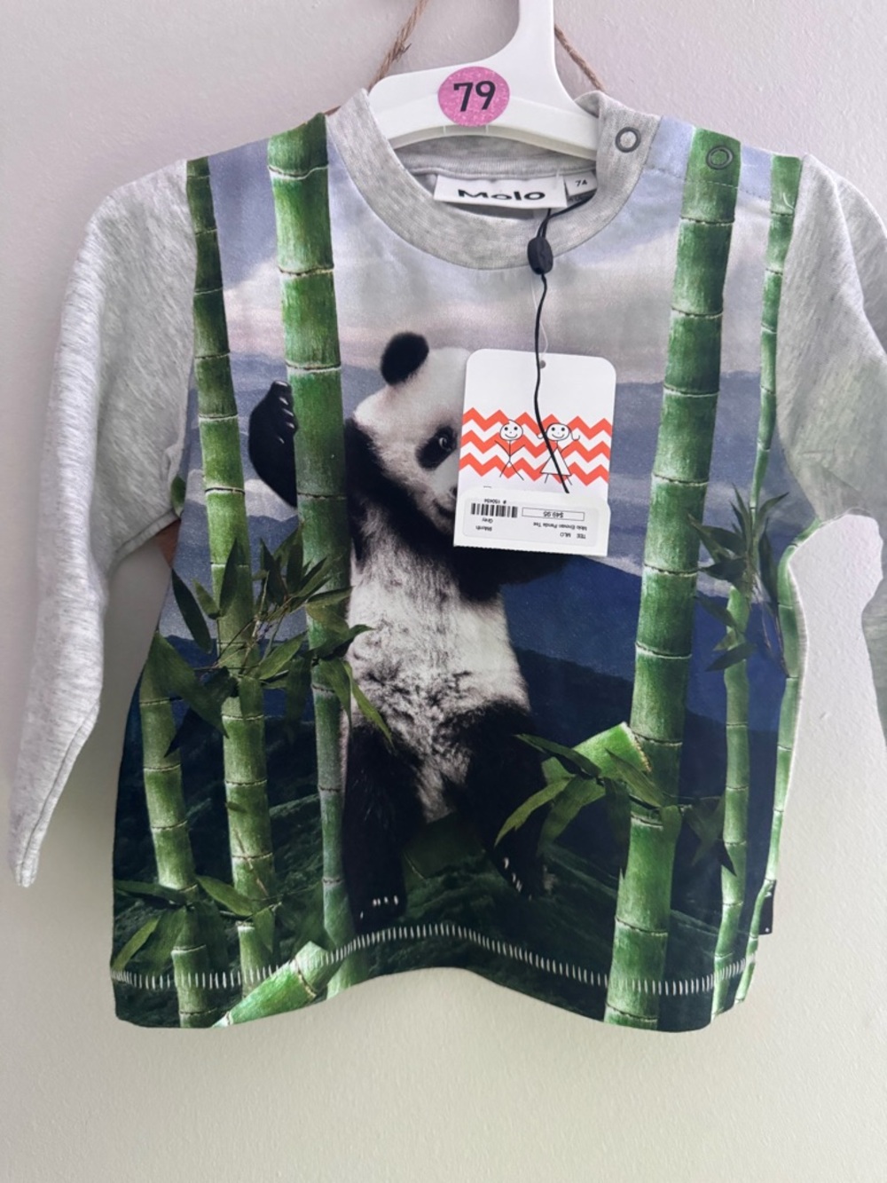 Molo Long-Sleeve Panda Print Top in Green and Gray